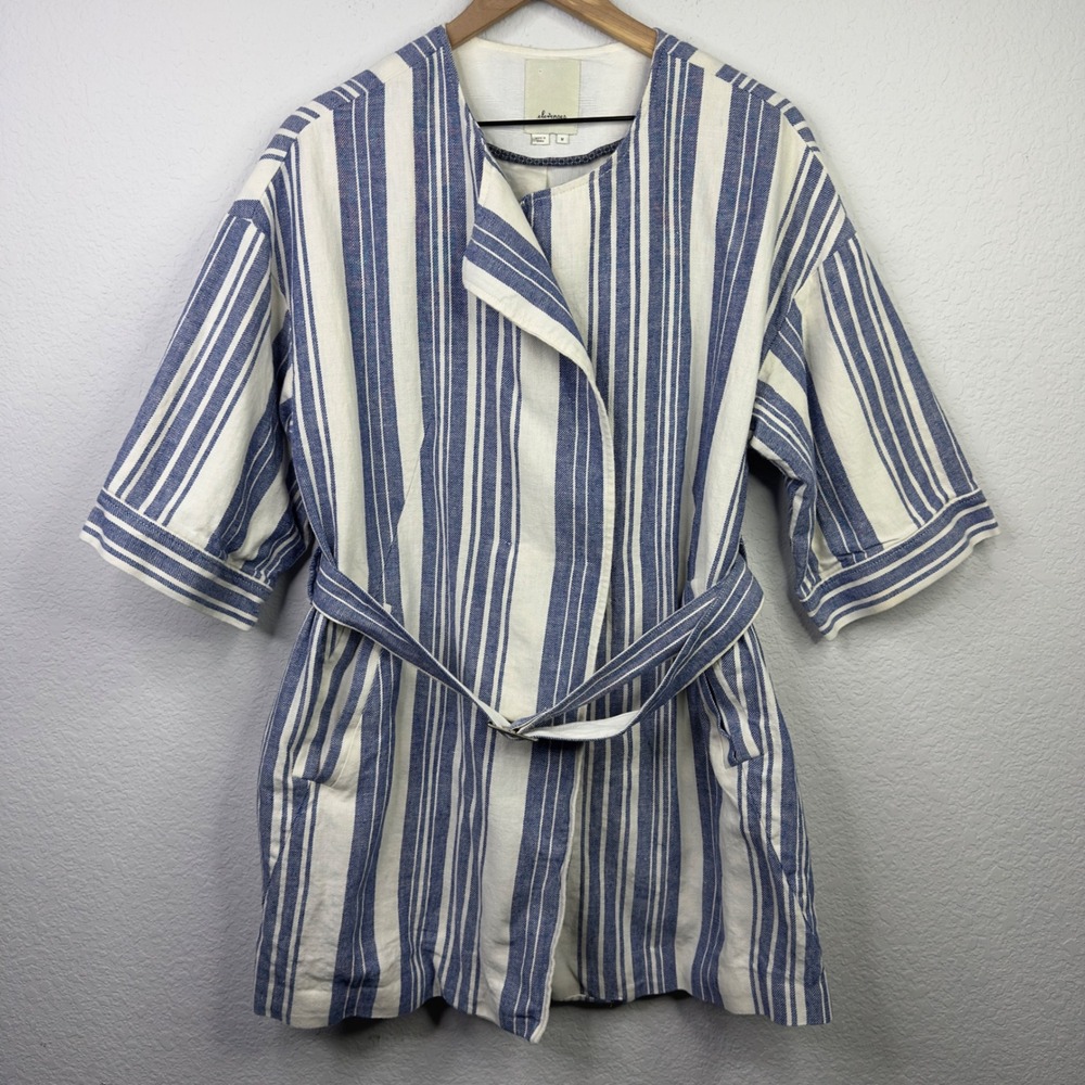 Anthropologie Elevenses Jacket M Blue White‎ Linen Blend Striped Coastal Boho